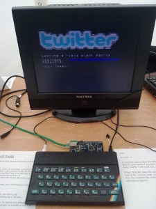 A ZX Spectrum running a Twitter feed. Image copyright jointly claimed by P Thomas and Colin Bell.